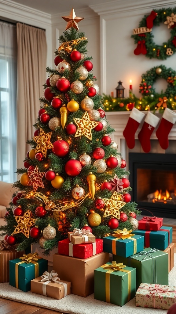 A Christmas tree with red and green decorations in a cozy living room setting.